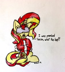 Size: 2068x2275 | Tagged: safe, artist:michaelmaddox222, sunset shimmer, pony, unicorn, angry, blindfold, bondage, colored, female, floppy ears, horn, horn ring, magic suppression, pencil drawing, signature, sitting, solo, straitjacket, traditional art