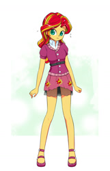 Size: 1008x1567 | Tagged: safe, artist:twilite-sparkleplz, sunset shimmer, equestria girls, friendship games, clothes, cute, cutie mark, cutie mark on clothes, female, high heels, legs, long legs, nervous, school spirit, shimmerbetes, shoes, simple background, skirt, solo, that was fast