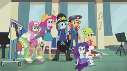 Size: 1920x1080 | Tagged: safe, screencap, applejack, fluttershy, pinkie pie, rainbow dash, rarity, sunset shimmer, equestria girls, friendship games, awkward, bobby hat, boots, bracelet, clothes, context is for the weak, cowboy boots, cowboy hat, drum kit, drums, equestrian, farmer pinkie, hat, helmet, high heel boots, hockey, hockey helmet, hockey mask, hockey stick, jewelry, mask, musical instrument, piano, police, police uniform, pun, rozzer dash, shoes, skirt, sports, sunset welder, visual pun, wat, welding mask