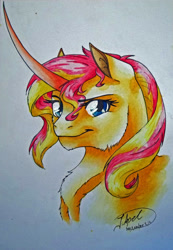 Size: 1971x2851 | Tagged: safe, artist:artmadebyred, artist:silent-mockingjay, sunset shimmer, pony, bust, solo, traditional art, watercolor painting