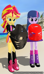 Size: 768x1279 | Tagged: safe, artist:adammasterart, sunset shimmer, equestria girls, 3d, beach, bionicle, kanohi hau, kanohi pakari, lego, mask of earth, mask of fire, mask of shielding, mask of strength, mmd, onua, tahu