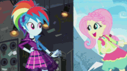 Size: 640x360 | Tagged: safe, screencap, applejack, fluttershy, pinkie pie, rainbow dash, rarity, sunset shimmer, twilight sparkle, equestria girls, friendship through the ages, animated, bare shoulders, country applejack, folk fluttershy, humane seven, mane six, new wave pinkie, rainbow punk, record, sgt. rarity, sleeveless, strapless
