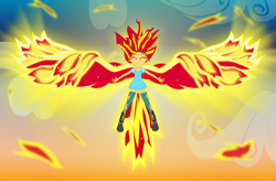 Size: 2499x1637 | Tagged: safe, artist:amante56, sunset shimmer, equestria girls, my past is not today, rainbow rocks, abstract background, fiery wings, shimmercorn, solo, sunset phoenix