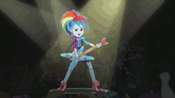 Size: 640x360 | Tagged: safe, screencap, bulk biceps, crimson napalm, flash sentry, heath burns, paisley, pixel pizazz, rainbow dash, scribble dee, sunset shimmer, thunderbass, valhallen, violet blurr, equestria girls, friendship through the ages, animated, background human, crowd surfing, guitar, it's coming right at us, mosh pit, rainbow punk