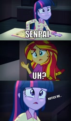 Size: 1600x2700 | Tagged: safe, artist:bonekaiser, sunset shimmer, twilight sparkle, twilight sparkle (alicorn), equestria girls, rainbow rocks, image macro, meme, notice me senpai, senpai