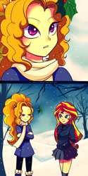 Size: 2222x4444 | Tagged: safe, artist:jacky-bunny, adagio dazzle, sunset shimmer, equestria girls, rainbow rocks, clothes, comic, female, holly, holly mistaken for mistletoe, lesbian, shipping, skirt, snow, sunsagio, winter