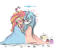 Size: 1280x1118 | Tagged: safe, artist:jankrys00, sonata dusk, sunset shimmer, equestria girls, rainbow rocks, blanket, blushing, cuddling, cute, female, heart, lesbian, shipping, sick, snuggling, sunata, tissue, tissue box, tsundere, tsunset shimmer, tumblr, x3