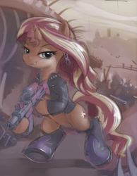 Size: 2030x2616 | Tagged: safe, artist:gsphere, sunset shimmer, pony, semi-anthro, unicorn, bipedal, borderlands, clothes, commando shimmer, crossover, gun, jacket, solo, weapon
