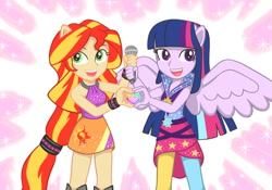 Size: 1000x700 | Tagged: safe, artist:a01, sunset shimmer, twilight sparkle, twilight sparkle (alicorn), equestria girls, rainbow rocks, clothes, pixiv, ponied up, skirt, sleeveless