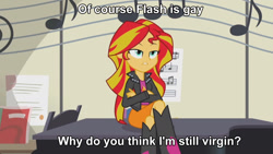 Size: 1280x720 | Tagged: safe, edit, edited screencap, screencap, flash sentry, sunset shimmer, equestria girls, rainbow rocks, crossed arms, frown, gay, headcanon, image macro, male, meme, sitting, solo, unamused, virgin