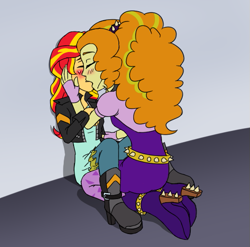 Size: 557x551 | Tagged: safe, artist:catlover1672, adagio dazzle, sunset shimmer, equestria girls, blushing, clothes, female, jacket, kissing, kneeling, leather jacket, lesbian, shipping, sunsagio