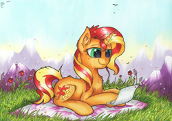 Size: 3405x2417 | Tagged: safe, artist:yellowrobin, sunset shimmer, pony, unicorn, crying, solo, tears of joy, traditional art