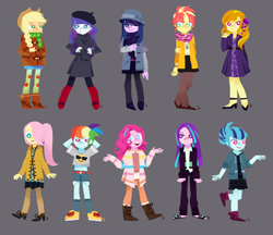 Size: 3700x3200 | Tagged: safe, artist:magneticskye, adagio dazzle, applejack, aria blaze, fluttershy, pinkie pie, rainbow dash, rarity, sonata dusk, sunset shimmer, twilight sparkle, twilight sparkle (alicorn), equestria girls, rainbow rocks, alternate costumes, alternate hairstyle, clothes, female, hat, lineless, midriff, open mouth, simple background, sweater, sweatershy, teeth, the dazzlings