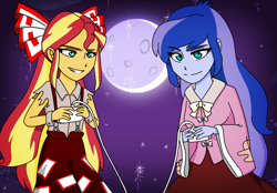 Size: 1376x960 | Tagged: safe, artist:fantasygerard2000, princess luna, sunset shimmer, vice principal luna, equestria girls, alternate hairstyle, clothes, controller, duo, fujiwara no mokou, houraisan kaguya, lunaguya, moon, night, pc-engine, stars, touhou