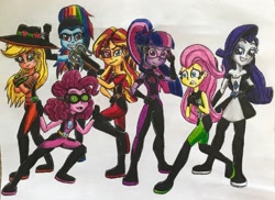 Size: 3270x2386 | Tagged: safe, artist:bozzerkazooers, applejack, fluttershy, pinkie pie, rainbow dash, rarity, sci-twi, sunset shimmer, twilight sparkle, human, equestria girls, agent 47, clothes, goggles, humanized, mane six, simple background, suit, traditional art