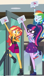 Size: 522x909 | Tagged: safe, screencap, rainbow dash, sci-twi, sunset shimmer, twilight sparkle, better together, equestria girls, the finals countdown, a++, boots, clothes, converse, cropped, egghead, eyes closed, female, geode of empathy, geode of super speed, glasses, grades, high heel boots, how, intelligence, intelligent, jacket, leather jacket, magical geodes, nerd, offscreen character, ponytail, shoes, skirt, smart, socks, success, test