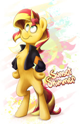 Size: 792x1224 | Tagged: safe, artist:luximus17, sunset shimmer, pony, unicorn, bipedal, chest fluff, clothes, female, hooves on hips, jacket, looking up, mare, smiling, solo