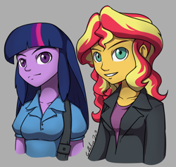 Size: 892x847 | Tagged: safe, artist:gabbslines, sunset shimmer, twilight sparkle, equestria girls, clothes, looking at you, simple background, smiling