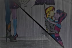 Size: 1024x683 | Tagged: safe, artist:morenagirl02, edit, sci-twi, sunset shimmer, twilight sparkle, eqg summertime shorts, equestria girls, monday blues, clothes, female, kissing, lesbian, rain, scitwishimmer, shipping, shoes, sunsetsparkle, traditional art, umbrella