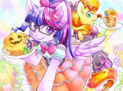 Size: 1000x744 | Tagged: safe, artist:hobilo, sci-twi, sunset shimmer, twilight sparkle, alicorn, pony, unicorn, equestria girls, bipedal, bow, cake, clothes, dress, duo, equestria girls ponified, female, food, glasses, halloween, holiday, jack-o-lantern, looking at each other, mare, ponified, ponytail, pumpkin, scitwilicorn, smiling, spread wings