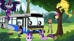 Size: 1024x577 | Tagged: safe, derpibooru exclusive, adagio dazzle, indigo zap, midnight sparkle, sci-twi, songbird serenade, starlight glimmer, sunset shimmer, twilight sparkle, twilight sparkle (alicorn), oc, oc:dwayne the bus, alicorn, siren, equestria girls, my little pony: the movie, bus, forest, new flyer d40lf, self insert, talking vehicle