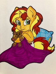 Size: 2916x3850 | Tagged: safe, artist:crystal2riolu, sunset shimmer, pony, babyset shimmer, blanket, diaper, solo, teddy bear, traditional art