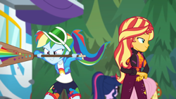 Size: 1920x1080 | Tagged: safe, screencap, applejack, fluttershy, rainbow dash, sci-twi, sunset shimmer, twilight sparkle, better together, equestria girls, sunset's backstage pass!, clothes, female, geode of empathy, imminent spanking, jacket, magical geodes, outdoors, paddle, rainbow dash's paddle, rv, shorts, visor