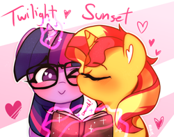 Size: 1268x1000 | Tagged: safe, artist:riukime, sci-twi, sunset shimmer, twilight sparkle, pony, book, eyes closed, female, glasses, kissing, lesbian, scitwishimmer, shipping, sunsetsparkle