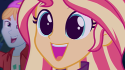 Size: 600x338 | Tagged: safe, edit, edited screencap, screencap, sunset shimmer, better together, equestria girls, sunset's backstage pass!, backstage pass, beautiful, close-up, cute, eye reflection, fry lilac, happy, reflection, shimmerbetes, smiling, template, wide eyes