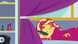 Size: 1280x720 | Tagged: safe, edit, edited screencap, screencap, sunset shimmer, better together, equestria girls, wake up!, blanket, casual nudity, nudity, sleeping, sleeping in the nude, solo
