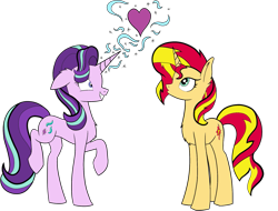 Size: 1779x1352 | Tagged: safe, artist:icey-wicey-1517, artist:nightpaint12, color edit, edit, starlight glimmer, sunset shimmer, pony, unicorn, collaboration, chest fluff, colored, cute, ear fluff, female, glimmerbetes, heart, lesbian, magic, mare, nervous, raised hoof, raised leg, shimmerglimmer, shipping, simple background, transparent background
