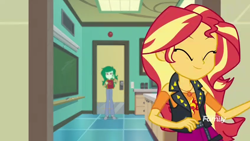 Size: 1280x720 | Tagged: safe, screencap, sunset shimmer, wallflower blush, better together, equestria girls, forgotten friendship, ^^, cute, discovery family logo, eyes closed, geode of empathy, shimmerbetes, smiling