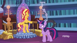 Size: 1280x720 | Tagged: safe, screencap, sunset shimmer, twilight sparkle, twilight sparkle (alicorn), alicorn, pony, better together, equestria girls, forgotten friendship, bipedal, discovery family logo, in the human world for too long, magic mirror