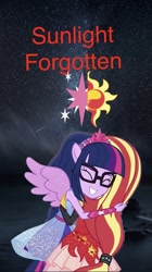 Size: 863x1536 | Tagged: safe, sci-twi, sunset shimmer, twilight sparkle, twilight sparkle (alicorn), alicorn, better together, equestria girls, forgotten friendship, cutie mark, eyes closed, fanfic, fanfic art, female, happy, lesbian, ponied up, scitwilicorn, scitwishimmer, shipping, simple background, smiling, sunsetsparkle, transparent background