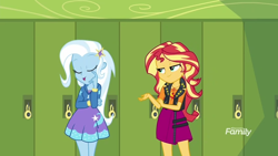 Size: 1280x720 | Tagged: safe, screencap, sunset shimmer, trixie, better together, equestria girls, forgotten friendship, discovery family logo, lockers