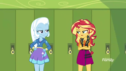 Size: 1280x720 | Tagged: safe, screencap, sunset shimmer, trixie, better together, equestria girls, forgotten friendship, discovery family logo, lockers