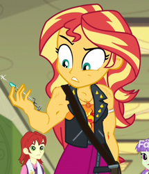 Size: 860x1000 | Tagged: safe, edit, edited screencap, screencap, nolan north, starlight, sunset shimmer, comic:the amazonian effect, better together, equestria girls, forgotten friendship, background human, cropped, discovery family logo, exploitable meme, meme, muscles, needle, steroids, sunset holding things, sunset lifter, syringe