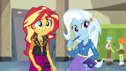 Size: 1280x720 | Tagged: safe, screencap, bright idea, scribble dee, sunset shimmer, trixie, better together, equestria girls, forgotten friendship, discovery family logo, lockers