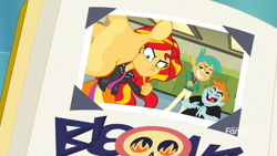 Size: 1099x619 | Tagged: safe, screencap, snails, snips, sunset shimmer, better together, equestria girls, forgotten friendship, biggest meanie, book, discovery family logo, lockers, yearbook