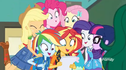 Size: 767x431 | Tagged: safe, screencap, applejack, pinkie pie, rainbow dash, rarity, sunset shimmer, twilight sparkle, better together, equestria girls, forgotten friendship, excited, paper