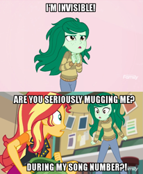 Size: 633x768 | Tagged: safe, sunset shimmer, wallflower blush, better together, equestria girls, forgotten friendship, freckles, image macro, invisible (song), meme