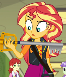 Size: 856x1000 | Tagged: safe, edit, edited screencap, screencap, nolan north, starlight, sunset shimmer, better together, equestria girls, forgotten friendship, background human, cropped, discovery family logo, hand, keyblade, kingdom hearts, kingdom key, meme, solo focus, sunset holding things