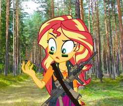 Size: 711x618 | Tagged: safe, edit, editor:sunnyshine1cak, sunset shimmer, equestria girls, badass, forest, grenade, gun, jungle, m4, soldier, weapon