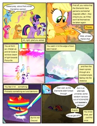 Size: 612x792 | Tagged: safe, artist:newbiespud, edit, edited screencap, screencap, applejack, fluttershy, pinkie pie, rainbow dash, rarity, sunset satan, sunset shimmer, twilight sparkle, earth pony, pegasus, pony, unicorn, comic:friendship is dragons, equestria girls, equestria girls (movie), the return of harmony, big crown thingy, burnt, comic, crossed arms, dialogue, elements of harmony, explosion, female, floating, flying, freckles, frown, glare, glow, glowing eyes, grin, hat, implied discord, jewelry, looking up, mane six, mare, ponyville, rainbow, raised hoof, regalia, screencap comic, smiling, smirk, wide eyes