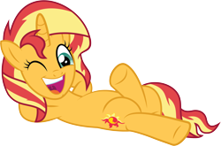 Size: 5340x3517 | Tagged: safe, artist:wissle, sunset shimmer, pony, unicorn, a horse shoe-in, absurd resolution, arm behind head, crossed legs, cute, female, happy, looking at you, mare, on back, one eye closed, open mouth, reclining, shimmerbetes, simple background, solo, sunset shimmer day, transparent background, vector, wink