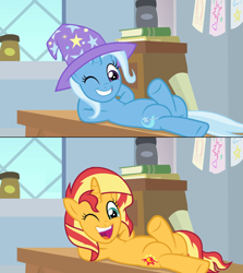 Size: 1280x1436 | Tagged: safe, artist:3d4d, artist:wissle, edit, edited screencap, screencap, sunset shimmer, trixie, pony, unicorn, a horse shoe-in, female, mare, on back, one eye closed, open mouth, wink