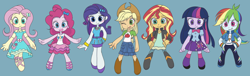 Size: 10744x3264 | Tagged: safe, artist:haibaratomoe, edit, applejack, fluttershy, pinkie pie, rainbow dash, rarity, sunset shimmer, twilight sparkle, better together, equestria girls, absurd resolution, applejack's hat, blue background, blushing, boots, chibi, clothes, cowboy hat, cute, denim skirt, diapinkes, digital art, dress, female, freckles, hat, humane five, humane seven, humane six, jackabetes, leg warmers, looking at you, miniskirt, moe, one eye closed, open mouth, pleated skirt, ponytail, sandals, shoes, simple background, skirt, smiling, socks, stetson, twiabetes, wink