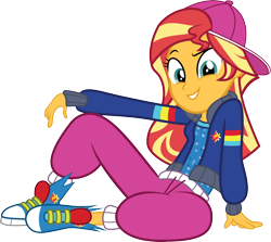 Size: 2318x2067 | Tagged: safe, artist:wissle, sunset shimmer, eqg summertime shorts, equestria girls, get the show on the road, backwards ballcap, baseball cap, cap, clothes, clothes swap, converse, cutie mark on clothes, female, grin, hat, leaning back, looking at you, reclining, shoes, simple background, sitting, smiling, sneakers, solo, sunset shimmer day, transparent background