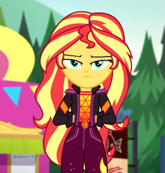 Size: 783x818 | Tagged: safe, screencap, sunset shimmer, better together, equestria girls, sunset's backstage pass!, annoyed, clothes, cropped, female, food truck, geode of empathy, jacket, magical geodes, outdoors, sunset shimmer is not amused, unamused