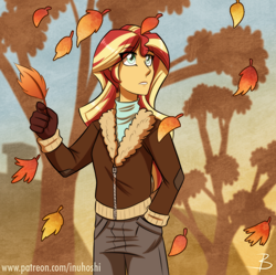 Size: 930x925 | Tagged: safe, artist:inuhoshi-to-darkpen, sunset shimmer, equestria girls, autumn, clothes, eye clipping through hair, falling leaves, female, gloves, hand in pocket, jacket, leaves, pants, scenery, solo, sunset shimmer day, tree